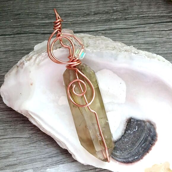 Large Smoky Citrine & Iridescent Pendant, Copper Wire Gemstone Statement 3" - Picture 1 of 5